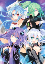 Rule 34 | 10s, 4girls, absurdres, ahoge, armpits, black heart (neptunia), blanc (neptunia), blue background, breasts, bright pupils, cleavage, cleavage cutout, clothing cutout, cowboy shot, frown, glowing, green hair, green heart (neptunia), grid background, hair between eyes, half-closed eyes, halterneck, highres, invisible chair, kami jigen game neptune v, large breasts, legs together, leotard, long hair, multiple girls, neon trim, neptune (neptunia), neptune (series), noire (neptunia), official art, parted bangs, ponytail, power symbol-shaped pupils, purple hair, purple heart (neptunia), red eyes, short hair with long locks, sitting, surprised, symbol-shaped pupils, thighhighs, tsunako, twintails, v-shaped eyebrows, vert (neptunia), white heart (neptunia), white legwear