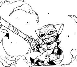 Rule 34 | 1boy, alternate ears, alternate form, cape, closed mouth, detached sleeves, greyscale, gun, holding, holding gun, holding weapon, jhin, league of legends, male focus, mask, monochrome, pants, phantom ix row, solo, weapon, yordle