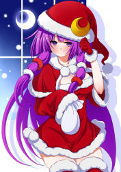 Rule 34 | 1girl, bag, breasts, capelet, cleavage, crescent, crescent hair ornament, crescent moon, eichi yuu, gloves, hair ornament, hat, highres, large breasts, long hair, long sleeves, moon, patchouli knowledge, purple eyes, purple hair, red gloves, red thighhighs, santa costume, santa hat, scrunchie, solo, thighhighs, touhou, very long hair, wide sleeves, window, zettai ryouiki