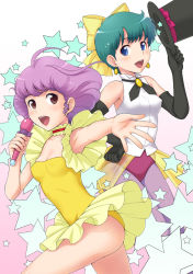 Rule 34 | 1980s (style), 2girls, ass, blue eyes, blue hair, bow, breasts, brown eyes, choker, company connection, covered erect nipples, creamy mami, crossover, dress, drill hair, earrings, elbow gloves, face, frills, gloves, ha-ru, hair bow, hair ribbon, hat, hat tip, idol, jewelry, kazuki mai, leotard, magical emi, magical girl, mahou no star magical emi, mahou no tenshi creamy mami, medium breasts, microphone, morisawa yuu, multiple girls, music, oldschool, pantyhose, purple hair, retro artstyle, ribbon, see-through, short hair, singing, skirt, smile, star (symbol), studio pierrot, top hat, yellow bow
