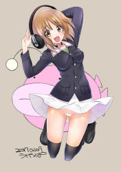 Rule 34 | 10s, 1girl, 2017, anglerfish, arm up, artist name, black thighhighs, blush, breasts, brown eyes, brown hair, dated, emblem, eyebrows, fish, full body, girls und panzer, gluteal fold, grey background, hand up, headphones, jacket, loafers, looking at viewer, lowleg, lowleg panties, medium breasts, nishizumi miho, open mouth, over-kneehighs, panties, pleated skirt, school uniform, shoes, signature, simple background, skirt, smile, solo, thighhighs, thighs, throat microphone, ugeppa, underwear, white panties, white skirt