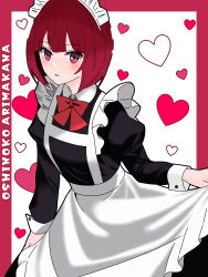 Rule 34 | 1girl, absurdres, alternate costume, apron, arima kana, black dress, blush, bob cut, bokutaaaa, bow, bowtie, breasts, character name, collared dress, commentary request, copyright name, cowboy shot, dress, enmaided, frilled apron, frills, heart, heart background, highres, juliet sleeves, long sleeves, looking at viewer, maid, maid apron, maid headdress, oshi no ko, parted lips, partial commentary, puffy sleeves, red bow, red bowtie, red eyes, red hair, short hair, skirt hold, small breasts, solo, white apron, white background