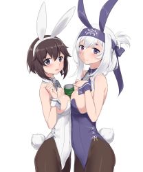 Rule 34 | 10s, 2girls, alternate costume, animal ears, arm at side, asymmetrical docking, bad id, bad pixiv id, bare shoulders, between breasts, black eyes, black legwear, blue leotard, blush, breast press, breasts, brown hair, rabbit ears, rabbit tail, cleavage, cnm, covered navel, cowboy shot, detached collar, fake animal ears, folded ponytail, from side, hand on own chest, hayasui (kancolle), headband, highleg, highleg leotard, highres, kamoi (kancolle), kantai collection, large breasts, leotard, light smile, long hair, looking at viewer, medium breasts, multiple girls, off shoulder, open mouth, pantyhose, playboy bunny, purple eyes, short hair, sidelocks, silver hair, simple background, smile, standing, tail, thick eyebrows, white background, white leotard
