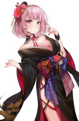 Rule 34 | 1girl, black choker, black kimono, blunt bangs, breasts, choker, cleavage, closed mouth, collarbone, flower, hair flower, hair ornament, hair stick, highres, hololive, hololive english, japanese clothes, kimono, looking at viewer, machi (7769), medium breasts, mori calliope, mori calliope (new year), nail polish, pink hair, red nails, revision, short hair, simple background, smile, solo, thighs, virtual youtuber, white background, wide sleeves