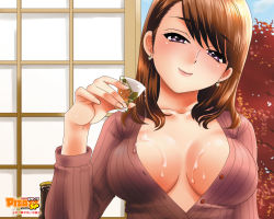 Rule 34 | 1girl, action pizazz, alcohol, breasts, brown hair, cleavage, cup, earrings, jewelry, large breasts, mature female, no bra, official art, official wallpaper, pon takahanada, sake, solo, wallpaper