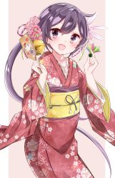 Rule 34 | 10s, 1girl, :d, absurdres, akebono (kancolle), alternate costume, bell, blush, commentary request, floral print, flower, hagoita, hair bell, hair flower, hair ornament, hamaken. (novelize), hanetsuki, highres, japanese clothes, jingle bell, kantai collection, kimono, long hair, open mouth, paddle, pink background, purple eyes, purple hair, red kimono, side ponytail, smile, solo, two-tone background, very long hair, white background, yukata