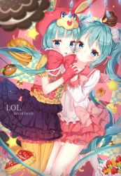Rule 34 | 2girls, absurdres, aqua hair, blue eyes, blunt bangs, blush, bow, bowtie, cake, candy, chocolate, copyright name, doughnut, dress, english text, food, frills, fruit, gloves, hat, hatsune miku, highres, holding hands, jimmy madomagi, lol -lots of laugh- (vocaloid), long sleeves, looking at viewer, low twintails, multiple girls, neckerchief, orange legwear, pancake, pantyhose, pink gloves, pink skirt, puffy sleeves, purple skirt, sailor collar, short sleeves, skirt, socks, sparkle, star (symbol), strawberry, striped legwear, tongue, tongue out, twintails, vocaloid, white legwear