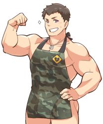 Rule 34 | 1boy, alternate costume, aopanda, apron, bara, biceps, brown hair, camouflage, camouflage apron, dog tags, flexing, hand on own hip, idolmaster, idolmaster side-m, jewelry, large pectorals, looking at viewer, male focus, muscular, muscular male, open mouth, pectorals, purple eyes, shingen seiji, short hair, smile, solo, sweatdrop, teeth