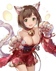 Rule 34 | 10s, 1girl, 77gl, animal ears, animal hands, bad id, bad twitter id, bell, blush, breasts, brown hair, cat ears, cat paws, cat tail, cleavage, collar, collarbone, commentary request, fang, flower, granblue fantasy, green eyes, idolmaster, idolmaster cinderella girls, japanese clothes, kimono, looking at viewer, maekawa miku, medium breasts, multiple tails, neck bell, obi, off shoulder, open mouth, red kimono, rope, sash, short hair, short kimono, simple background, smile, solo, sparkle, tail, two tails, white background, wide sleeves
