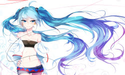 Rule 34 | 1girl, aqua eyes, aqua hair, bare shoulders, hatsune miku, highres, long hair, qys3, revision, simple background, smile, solo, twintails, very long hair, vocaloid