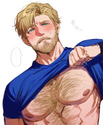 Rule 34 | ..., 1boy, abs, alternate body hair, alternate facial hair, bara, beard, blonde hair, blue shirt, blush, chest hair, closed mouth, clothes lift, crazy kinoko, dutch angle, facial hair, highres, large pectorals, lewis smith, lifted by self, looking at viewer, male focus, muscular, muscular male, mustache, nipples, pectorals, shirt, shirt lift, simple background, sketch, solo, spoken ellipsis, sweatdrop, upper body, white background, yuuki bakuhatsu bang bravern