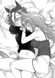 Rule 34 | 2girls, animal ears, bed sheet, blush, breasts, camisole, closed eyes, daiwa scarlet (umamusume), dated, dolphin shorts, feet out of frame, gloom (expression), greyscale, hair over one eye, horse ears, horse girl, horse tail, koruri, long hair, lying, medium breasts, monochrome, multiple girls, navel, on back, on side, open mouth, pillow, shirt, short shorts, short sleeves, shorts, sleeping, small breasts, sweat, tail, twitter username, umamusume, vodka (umamusume), yuri