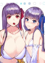 Rule 34 | 2girls, bare shoulders, blue eyes, blue ribbon, blush, breasts, cherry, cleavage, closed mouth, collarbone, embarrassed, fate/extra, fate/extra ccc, fate/grand order, fate (series), food, food in mouth, fruit, hair ribbon, highres, huge breasts, kirushi (killcy), lips, long hair, long sleeves, looking at viewer, meltryllis (fate), mouth hold, multiple girls, navel, passionlip (fate), pink ribbon, purple hair, purple ribbon, red eyes, ribbon, simple background, small breasts, tagme, very long hair, white background