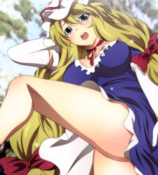 Rule 34 | 1girl, bare legs, blonde hair, blush, bow, breasts, commentary request, dress, elbow gloves, frilled dress, frills, gloves, hair bow, hat, hat ribbon, large breasts, legs, long hair, mob cap, neck ribbon, open mouth, purple dress, purple eyes, red bow, red ribbon, ribbon, short sleeves, solo, teeth, thighs, touhou, upper teeth only, very long hair, white gloves, white hat, yadokari genpachirou, yakumo yukari