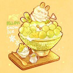 Rule 34 | animal-themed food, artist name, commentary, cup, disposable cup, english commentary, english text, flag, food, food focus, fruit, highres, ice cream, matcha (food), melon, nao (bestrollever), no humans, nut (food), orange background, original, oversized food, oversized object, rabbit, shaved ice, simple background, snowflakes, spoon, summer