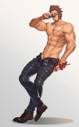 Rule 34 | 1boy, abs, alternate costume, bara, beard, blue eyes, blush, brown hair, character name, commentary request, facial hair, fate/grand order, fate (series), flaccid, full body, jewelry, jin (sirius-j), leaning back, long sideburns, looking at viewer, male focus, muscular, napoleon bonaparte (fate), necklace, open clothes, pants, partially undressed, partially unzipped, pectorals, penis, penis peek, scar, shoes, simple background, smile, solo, sunglasses
