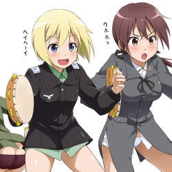 Rule 34 | &gt;:o, 3girls, :d, :o, ass, blonde hair, blue eyes, brown eyes, brown hair, butt crack, erica hartmann, gertrud barkhorn, instrument, military, military uniform, minna-dietlinde wilcke, multiple girls, open mouth, panties, parody, short hair, smile, strike witches, tambourine, translated, twintails, underwear, uniform, v-shaped eyebrows, working!!, world witches series, youkan