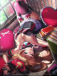 Rule 34 | 10s, 1girl, 2013, blue eyes, book, breasts, brown hair, cellphone, chromatic aberration, cleavage, copyright name, corset, dated, detached collar, fingerless gloves, frilled pillow, frilled skirt, frills, furyou michi ~gang road~, garter straps, gloves, heart, heart-shaped pillow, lens flare, light particles, long hair, lying, momosaki ringo, on back, one eye closed, original, phone, pillow, skirt, smartphone, solo, thighhighs, ukero