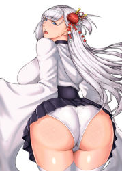 Rule 34 | 1girl, artist request, ass, azur lane, blue eyes, blush, breasts, from behind, hair ornament, highres, hip focus, huge ass, japanese clothes, large breasts, long hair, looking at viewer, open mouth, panties, shiny skin, shoukaku (azur lane), side ponytail, sideboob, silver hair, skirt, solo, spanked, tears, thick thighs, thighs, underwear, very long hair, wide hips