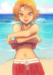 Rule 34 | 1girl, blonde hair, clothes lift, collarbone, day, hair intakes, jj (ssspulse), lifting own clothes, looking at viewer, midriff, natsuki rin, navel, ocean, outdoors, precure, red eyes, red skirt, red tank top, ribbon, shirt lift, shore, short hair, skirt, solo, standing, stomach, tank top, tongue, tongue out, white ribbon, yes! precure 5