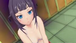 Rule 34 | 1girl, 3d, animated, aura, bra, breasts, cleavage, corruption, crossed legs, feet, gal gun, gal gun double peace, hand on own hip, highres, kamizono shinobu, large breasts, legs, looking at viewer, naughty face, navel, open mouth, panties, purple hair, sitting, smile, solo, sound, tagme, thighhighs, thighs, underwear, video