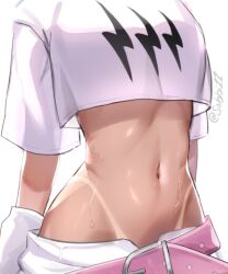 Rule 34 | 1girl, belt, bikini tan, breasts, commentary, crop top, crop top overhang, cropped shirt, english commentary, hololive, hololive english, midriff, mococo abyssgard, mococo abyssgard (1st costume), navel, navel focus, pink belt, shirt, short sleeves, shorts, simple background, small breasts, sobbi11, solo, stomach, sweat, t-shirt, tan, tanline, twitter username, virtual youtuber, white background, white shirt, white shorts