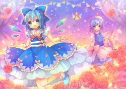 Rule 34 | &gt; &lt;, 3girls, adapted costume, blonde hair, blue dress, blue eyes, blue hair, bracelet, cirno, closed eyes, coa (chroo x), curtains, dress, fairy wings, flower, hat, ice, ice wings, jewelry, juliet sleeves, letty whiterock, lily white, long sleeves, multiple girls, open mouth, pink eyes, puffy sleeves, red flower, red rose, rose, silver hair, smile, star (symbol), touhou, wings