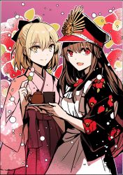 Rule 34 | 2girls, apron, black bow, black hair, black kimono, blonde hair, bow, breasts, commentary request, cowboy shot, fate/grand order, fate (series), food, hair between eyes, hair bow, hat, highres, holding, holding food, holding plate, japanese clothes, kimono, koha-ace, long hair, looking at viewer, military hat, multiple girls, oda nobunaga (fate), oda nobunaga (koha-ace), okita souji (fate), okita souji (koha-ace), open mouth, pink kimono, plate, red eyes, rioka (southern blue sky), sidelocks, smile, yellow eyes