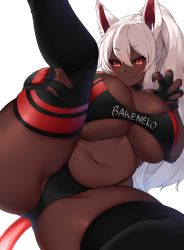 Rule 34 | 1girl, absurdres, animal ears, black panties, black sclera, breasts, cat girl, claws, cleavage, cleavage cutout, clothing cutout, coco (bakeneko), colored sclera, commission, curvy, dark-skinned female, dark skin, fang, fingernails, gloves, gym shorts, hair between eyes, highres, holding legs, huge breasts, long fingernails, long hair, looking at viewer, mole, mole under eye, orange eyes, panties, plump, ponytail, red eyes, revealing clothes, shorts, simple background, skeb commission, smile, solo, sports bra, spread legs, suruga (xsurugax), tail, thick thighs, thighhighs, thighs, underboob, underboob cutout, underwear, very dark skin, white background, white hair, workout clothes
