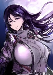 Rule 34 | 1girl, bad id, bad tumblr id, bodysuit, breasts, commentary request, fate/grand order, fate (series), floating hair, highres, hometa, huge breasts, huge weapon, long hair, looking at viewer, minamoto no raikou (fate), parted lips, pink bodysuit, purple background, purple eyes, purple hair, sketch, smile, solo, tabard, upper body, weapon