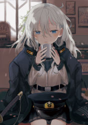 Rule 34 | 10s, 1girl, anchor symbol, belt, blue eyes, blush, cup, hair between eyes, hat, hibiki (kancolle), highres, holding, holding cup, jewelry, kantai collection, long hair, long sleeves, looking at viewer, military hat, neckerchief, ring, school uniform, serafuku, silver hair, sitting, solo, verniy (kancolle), wedding band, zizi (zizioxo)