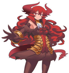 Rule 34 | 1girl, armor, armored dress, bangle, black gloves, black pantyhose, bracelet, breasts, curly hair, demon girl, demon horns, demon tail, detached collar, elbow gloves, gloves, horns, jewelry, long hair, maou beluzel, matsuda yuusuke, original, pantyhose, red eyes, smile, solo, tail, white background, yuusha to maou