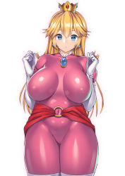 Rule 34 | 1girl, blonde hair, blue eyes, bodysuit, breasts, covered navel, cowboy shot, crown, impossible bodysuit, impossible clothes, large breasts, long hair, mario (series), nagase haruhito, navel, nintendo, princess peach, shiny clothes, simple background, skin tight, solo, standing, thighs, white background, wide hips