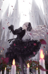 Rule 34 | 1girl, black dress, black hairband, black pantyhose, blurry, blurry background, blurry foreground, building, candle, castle, commentary request, day, depth of field, dress, falling petals, floating hair, flower, frills, from side, gothic lolita, hair ornament, hairband, highres, lolita fashion, long hair, long sleeves, looking at viewer, missile228, original, outdoors, pantyhose, parted lips, petals, purple eyes, red flower, smile, solo, standing, white hair
