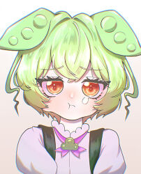 Rule 34 | 1girl, closed mouth, frilled shirt collar, frills, frown, gradient background, green hair, h n n 0219, highres, looking at viewer, neck ribbon, pea pod, pink ribbon, pout, ribbon, shirt, short hair, simple background, solo, suspenders, tearing up, voiceroid, voicevox, white shirt, yellow eyes, zundamon