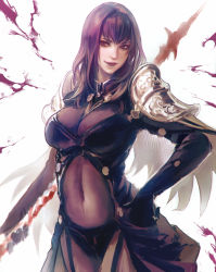 Rule 34 | 1girl, armor, breasts, cleavage, fate/grand order, fate (series), hand on own hip, highres, kaburagi yasutaka, large breasts, lipstick, long hair, makeup, navel, polearm, purple hair, purple lips, red eyes, scathach (fate), scathach (fate), see-through, shoulder armor, smile, smirk, solo, pauldrons, spear, standing, weapon, white background