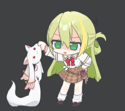 Rule 34 | 1girl, :3, alina gray, animal, belt pouch, blonde hair, blunt ends, bow, bowtie, brown footwear, brown skirt, cheek pinching, chibi, green eyes, green hair, hair between eyes, hand on own hip, highres, holding, holding animal, kyubey, layered sleeves, lifting animal, loafers, long hair, long sleeves, looking at another, magia record: mahou shoujo madoka magica gaiden, mahou shoujo madoka magica, multicolored hair, open mouth, paint stains, pinching, plaid, plaid skirt, pleated skirt, pouch, rag, red bow, red bowtie, red eyes, red wristband, sakae general school uniform, school uniform, shaded face, shirt, shoes, short over long sleeves, short sleeves, side-tie shirt, sidelocks, skirt, sleeves rolled up, socks, standing, straight hair, streaked hair, umimiminn, white shirt, white socks, wing collar