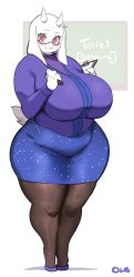 Rule 34 | 1girl, breasts, glasses, highres, huge breasts, lightsource, pantyhose, pencil skirt, red eyes, skirt, solo, thick thighs, thighs, toriel, undertale, wide hips