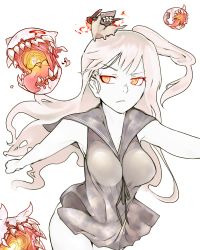 Rule 34 | 10s, 1girl, abyssal ship, aircraft carrier oni, animal, animal on head, black ribbon, dress, enemy aircraft (kancolle), frown, glowing, glowing mouth, grey hair, horns, kantai collection, long hair, looking to the side, monster, no pants, on head, orange eyes, pale skin, ribbon, school uniform, serafuku, sharp teeth, side ponytail, simple background, solo, sukueni, teeth, tongue, very long hair, walking, white background