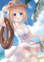 Rule 34 | 1girl, :d, a4 takahashi, absurdres, beach, blonde hair, blue eyes, blue panties, blue ribbon, braid, breasts, cameltoe, cleavage, cloud, day, dress, flower, hand up, hat, hat flower, hat ribbon, heart, heart necklace, highres, innertube, jewelry, large breasts, medium breasts, moe2020, nail polish, necklace, open mouth, original, outdoors, panties, ribbon, sandals, short hair, smile, solo, standing, striped clothes, striped panties, swim ring, thigh strap, underwear, unworn sandals, white dress, wristband