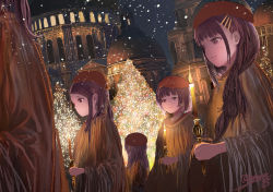 Rule 34 | 5girls, beret, black hair, candle, christmas, christmas tree, city, commentary, dark, dutch angle, hair ornament, hairclip, hat, holding, lights, long hair, multiple girls, night, original, popopo (popopo5656), robe, short hair, signature, sky, smile, snowing