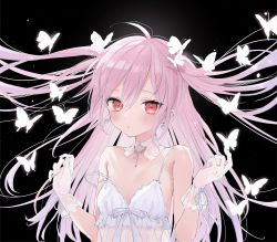 Rule 34 | 1girl, absurdres, ahoge, alternate costume, ass, black background, breasts, bug, butterfly, cross, cross necklace, detached collar, drop earrings, earrings, hair spread out, highres, hololive, insect, jewelry, lingerie, long hair, looking at viewer, mashiro shiki, necklace, parted lips, pink hair, red eyes, ring, simple background, skull earrings, small breasts, solo, strap slip, teddy (lingerie), transparent gloves, underwear, uruha rushia, very long hair, virtual youtuber, w arms, white butterfly
