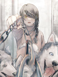 Rule 34 | 1girl, black hair, braid, chain, chainsaw man, deadpan, dog, doorway, hair over one eye, hair over shoulder, highres, husky, long hair, looking at viewer, muted color, nayuta (chainsaw man), open mouth, outstretched arm, pointing, pointing at viewer, ringed eyes, sidelocks, single braid, solo, sweater, swept bangs, turtleneck, turtleneck sweater, uni ssansyo, upper body, yellow eyes