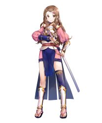 Rule 34 | 1girl, arm guards, armor, brown eyes, brown hair, feet, fire emblem, fire emblem fates, fire emblem heroes, full body, fuzichoco, hana (fire emblem), headband, highres, japanese clothes, katana, long hair, nintendo, no socks, official art, pelvic curtain, sandals, shin guards, smile, solo, standing, sword, toes, transparent background, weapon
