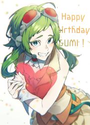 Rule 34 | 1girl, absurdres, ahoge, belt, birthday, blurry, blurry background, commentary, crop top, goggles, green eyes, green hair, grin, gumi, happy birthday, headphones, headset, heart, highres, holding, holding heart, looking at viewer, orange shirt, orange skirt, red goggles, satsuki 32ki, see-through, shirt, skirt, smile, solo, upper body, vocaloid, white background, wrist cuffs