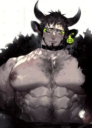 Rule 34 | 1boy, 2021, abs, animal ears, backlighting, bara, black collar, black pants, chest hair, chinese zodiac, collar, cow boy, cow ears, cow horns, cowboy shot, eyeshadow, facial hair, feather boa, goatee, green eyeshadow, hairy, happy new year, highres, horns, inverted nipples, large pectorals, long sideburns, looking at viewer, makeup, male focus, mature male, messy hair, muscular, muscular male, navel, navel hair, new year, nipples, original, pants, pectoral focus, pectorals, pigeon666, short hair, sideburns, solo, spot color, stomach, sweatdrop, textless version, topless male, year of the ox