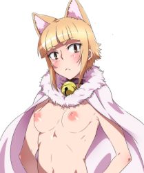 Rule 34 | 10s, 1girl, :&lt;, animal ears, bell, blonde hair, blush, breasts, cape, cat ears, cat girl, collar, colored eyelashes, female focus, highres, jingle bell, kuraishi tanpopo, looking at viewer, naked cape, neck bell, niko (tama), nipples, nude, revision, short hair, simple background, slit pupils, solo, upper body, witch craft works, yellow eyes