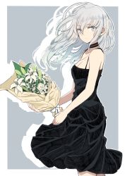 Rule 34 | 1girl, bare arms, bare shoulders, black choker, black dress, bouquet, breasts, brown eyes, choker, cleavage, closed mouth, commentary request, cowboy shot, dress, drop shadow, earrings, flower, grey background, hair between eyes, hinomaru (futagun), holding, holding bouquet, jewelry, long hair, looking at viewer, looking to the side, medium breasts, original, rose, silver hair, sleeveless, sleeveless dress, solo, two-tone background, white background, white flower, white rose