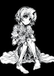 Rule 34 | 1girl, barefoot, black background, brooch, commentary request, doll joints, dress, expressionless, full body, gloves, greyscale, highres, idolmaster, idolmaster cinderella girls, jewelry, joints, looking at viewer, monochrome, nazo no diaboro, ringed eyes, shiragiku hotaru, short hair, short sleeves, simple background, sitting, sketch, solo