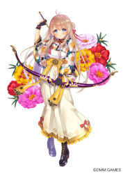 Rule 34 | 1girl, :o, antenna hair, arrow (projectile), black choker, black footwear, black gloves, blue eyes, blush, boots, bow (weapon), brown hair, character request, choker, clothing cutout, commentary request, cross-laced footwear, floral print, flower, flower knight girl, flower request, frilled skirt, frills, full body, gloves, hair bun, hair ribbon, hakama, hakama skirt, high heel boots, high heels, holding, holding arrow, holding bow (weapon), holding weapon, japanese clothes, kimono, lace-up boots, long hair, long skirt, long sleeves, looking at viewer, muneate, name connection, navel, navel cutout, object namesake, official art, partially fingerless gloves, pico (p i c o), print kimono, quiver, red ribbon, ribbon, sidelocks, simple background, single hair bun, skirt, solo, standing, tachi-e, watermark, weapon, white background, white skirt, wide sleeves, wrist ribbon, yellow ribbon